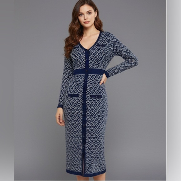 Button Front Pattern Sweater Dress Blue - Picture 1 of 7